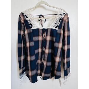 Joyfolie Plaid Lace Trim Peasant Blouse Top Small Sample Boho Cottagecore S